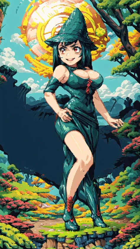 <lora:Gruntilda_Anime:0.8> Gruntilda, 1girl, (green skin:1.25), long black hair, black dress, red eyes, witch hat, evil smile, smug, busty, BREAK, open field, BREAK, <lora:pixel_f2:0.8> (pixel:1.25), masterpiece, best quality, extremely detailed, highly quality, 4k, sharp focus, professional, sharp focus, award winning, cinematic lighting, octane render, unreal engine, volumetrics dtx, Wallpaper,