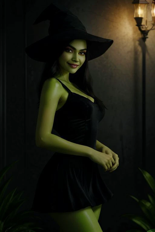 (masterpiece:1.2, best quality:1.2, beautiful, high quality, highres:1.1, aesthetic),detailed,extremely detailed,ambient soft lighting,4K,perfect lighting,1girl,<lora:Gruntilda_Anime:0.75>,Gruntilda,green skin,long black hair,black dress,red eyes,witch hat,evil smile,smug,