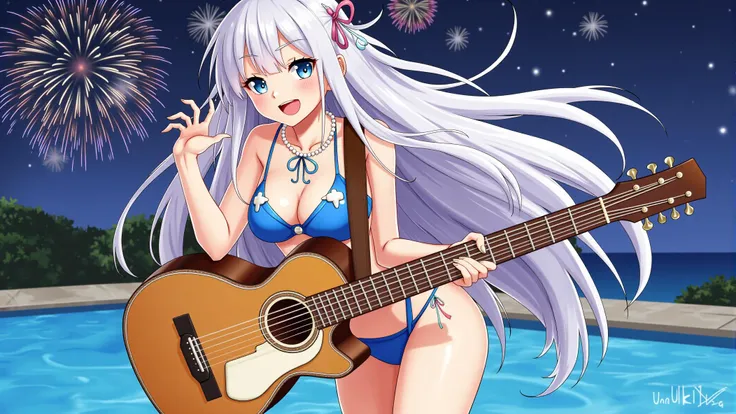 in digital art style. The image overall artistic style is delicate, with smooth shadows and edges, and bright colors typical of modern digital art. This image features a young girl,She is about 160cm tall, slender and moderately built，with long flowing white hair and striking blue eyes. She is depicted in A poolside setting, There seems to be a concert going on,Behind her was the crowd and the bonfire，The night sky was full of stars. Her skin is fair and smooth, typical of a Japanese anime character. She is dressed in a revealing blue bikini , adorned with a small, white bow at the front. Her physique is slender with moderate breast size. She accessorizes with a simple, white pearl necklace that adds a touch of elegance to her appearance. The guitar she holds is a brown acoustic guitar with a white pickguard, and she is playing it with a confident, relaxed posture. Her expression is cheerful and slightly mischievous, with a small smile on her lips. The illustration is highly detailed, with a focus on her vibrant hair and the texture of her skin, which appears smooth and soft. The overall mood of the image is light and carefree, typical of a summer beach scene