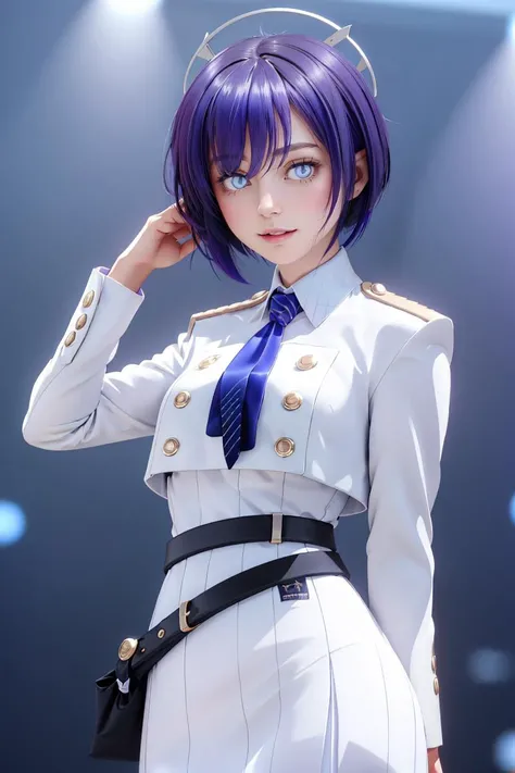 professional photo of oki aoi, 1girl, solo, looking at viewer, short hair, bangs, blue eyes, shirt, purple hair, necktie, belt, blue necktie,
detailed skin, detailed eyes,
photo made with Canon EOS in naturalistic style photography,
popular on artstation, popular on deviantart, popular on flicker,
<lora:Oki Aoi:1:MIDD>