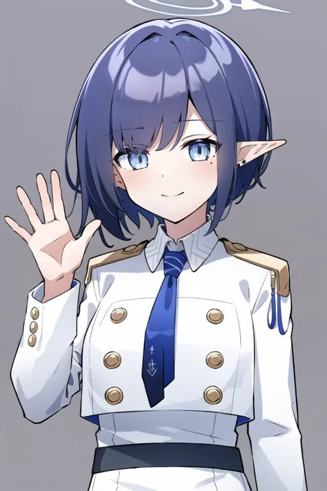 <lora:Oki Aoi:0.8>, oki aoi, 1girl, solo, looking at viewer, short hair, bangs, blue eyes, simple background, shirt, long sleeves, purple hair, necktie, pointy ears, belt, mole, mole under eye, halo, blue necktie, waving, upper body, smile, closed mouth