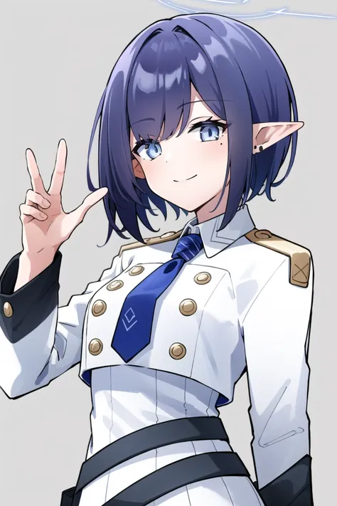 <lora:Oki Aoi:0.8>, oki aoi, 1girl, solo, looking at viewer, short hair, bangs, blue eyes, simple background, shirt, long sleeves, purple hair, necktie, pointy ears, belt, mole, mole under eye, halo, blue necktie, waving, upper body, smile, closed mouth