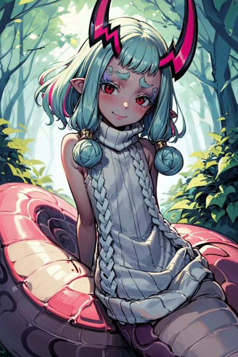 masterpiece,best quality,1girl,(solo),ibuki douji \(fate\),flat chest,(lamia,monster girl),dark skin,grey skin,colored skin,short hair,multicolored hair,aqua hair,pink hair,sidelocks,red eyes,pointy ears,makeup,eyeliner,thick eyebrows,forehead mark,oni,horns,(striped sweater,turtleneck,turtleneck sweater),light smile,(forest:1.2),<lora:Concept-control tool-add_detail-CyberAIchemist:0.8>,<lora:ibukidouji1:0.8>,<lora:monstergirl_cpt_v06:0.4>,