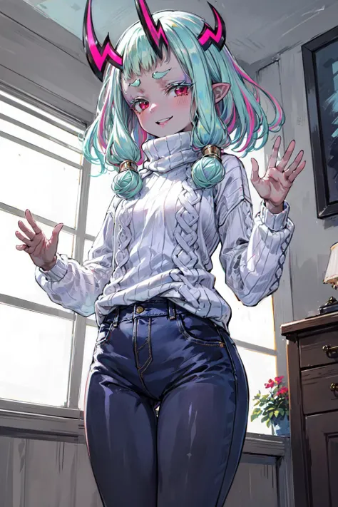 masterpiece,best quality,1girl,(solo),ibuki douji \(fate\),flat chest,dark skin,grey skin,colored skin,short hair,multicolored hair,aqua hair,pink hair,sidelocks,red eyes,pointy ears,makeup,eyeliner,thick eyebrows,forehead mark,oni,horns,(((striped sweater,turtleneck,turtleneck sweater,white sweater,jeans))),light smile,waving,indoors,from below,<lora:Concept-control tool-add_detail-CyberAIchemist:0.8>,<lora:ibukidouji1:0.8>,