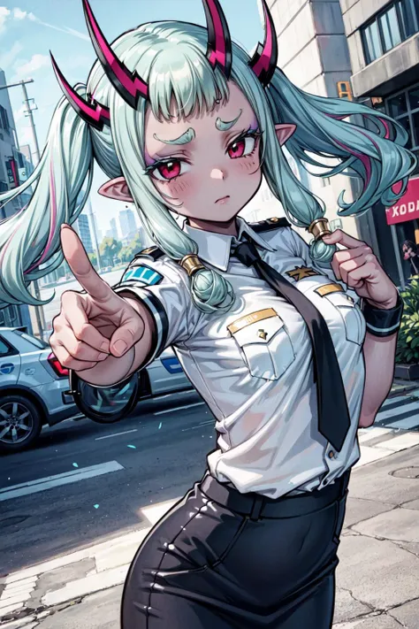 masterpiece,best quality,1girl,(solo),ibuki douji \(fate\),flat chest,dark skin,grey skin,colored skin,twintails,multicolored hair,aqua hair,pink hair,sidelocks,red eyes,pointy ears,makeup,eyeliner,thick eyebrows,forehead mark,oni,(horns),(policewoman,police uniform,necktie,white shirt,badge,pencil skirt,armband,breast pocket),expressionless,(half-closed eyes:0.9),(pointing at viewer),street,outdoors,dutch angle,<lora:Concept-control tool-add_detail-CyberAIchemist:0.8>,<lora:ibukidouji1:0.7>,