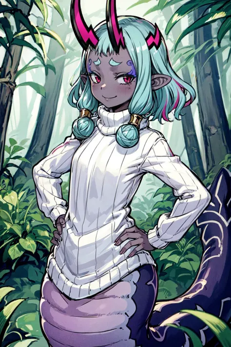 masterpiece,best quality,1girl,(solo),ibuki douji \(fate\),flat chest,(lamia,monster girl),dark skin,grey skin,colored skin,short hair,multicolored hair,aqua hair,pink hair,sidelocks,red eyes,pointy ears,makeup,eyeliner,thick eyebrows,forehead mark,oni,horns,((striped sweater,turtleneck,turtleneck sweater,white sweater)),light smile,hands on own hips,(forest:1.2),<lora:Concept-control tool-add_detail-CyberAIchemist:0.8>,<lora:ibukidouji1:0.8>,