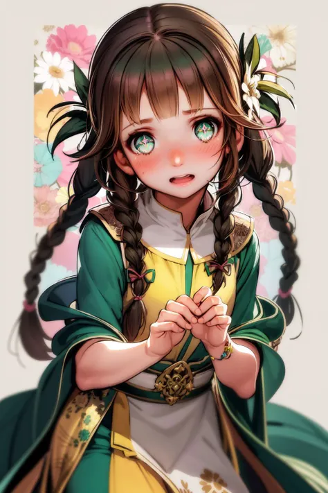 solo, 1girl, pupils sparkling, blush, brown hair, low twin braids, dark green eyes, beautiful detailed face, sidelighting, Baby's_Breath \(flower\), floral background <lora:liduke_style_v01:1>