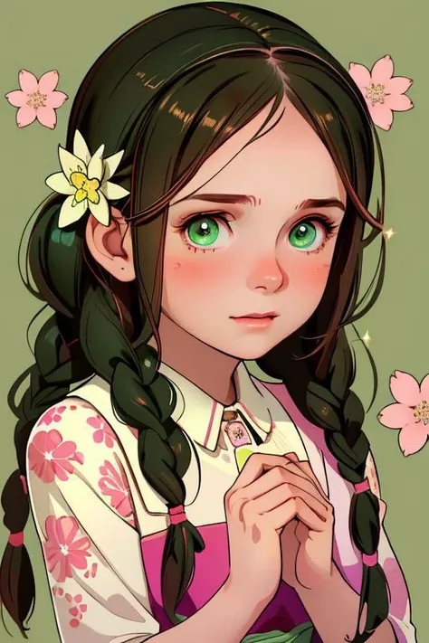 solo, 1girl, pupils sparkling, blush, brown hair, low twin braids, dark green eyes, beautiful detailed face, sidelighting, Baby's_Breath \(flower\), floral background <lora:liduke_style_v01:1>
