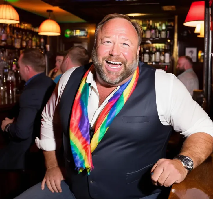 alexjones person laughing his ass off while drunk in an Irish bar. He's wearing a rainbow colored silk vest and feather scarf. Funny situation. Photography. <lora:Alex Jones SDXL - Trigger is Alexjones Person:1>