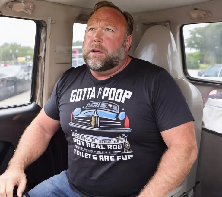 <lora:Alex Jones SDXL - Trigger is Alexjones Person:1> alexjones driving a( toilet car,:2.1) wearing a shirt that says, "gotta poop real bad!"