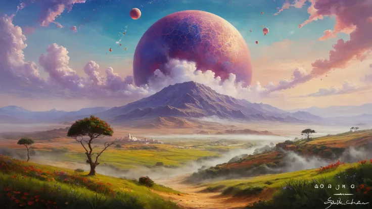 small centered composition, product shot, plain background, [ (by Sakimichan:1.3) : Andreas Rocha:13], wallpaper art, in the center is an image of a landscape of a (morocco:1.2) , Foggy, Atompunk, masterpiece, <lora:dare_holy_nebulas:1> model, HOLY, Transfixed, Vivid oil paints, Galactic nebulas swirling, bursting with happiness, squinting