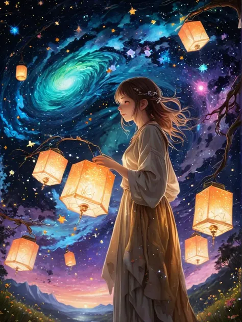 Anime, Cryptidcore, professionally shot of a Stale ("In the stillness of the night, stars ignite like lanterns, guiding lost souls back to their dreams.":1.2) , inside of The Shire, Stars in the sky, Film Washi, angelic, <lora:dare_holy_nebulas:1>, Transfixed, Vivid oil paints, Galactic nebulas swirling, bursting with happiness, squinting