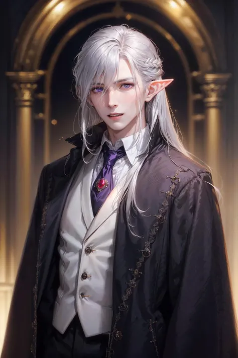 (1boy,guy,man,male,vampire,dracula,solo,pale skin,wearing coat), (very long hair,silver hair,bangs,hair between eyes), (purple eyes,fang,pointy ears), (in the westminster),