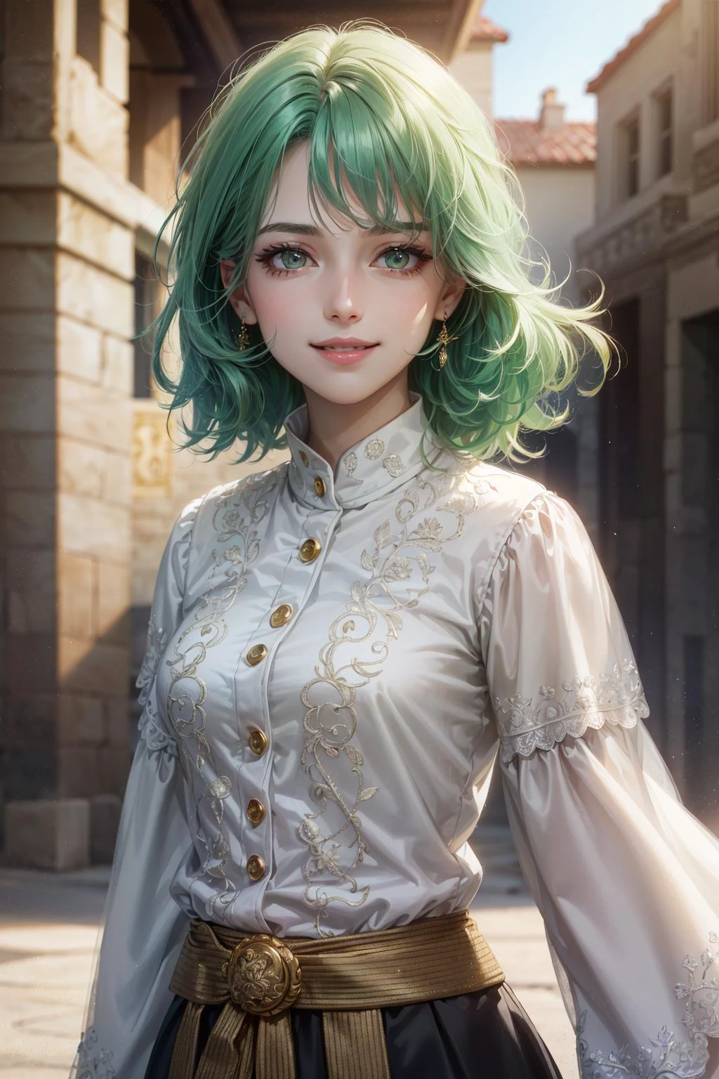 (face focus), (1girl,female,woman,solo,pale skin), {{national costume,ethnic}}, (medium hair,light green hair,cute face,light smile), {in the desert town},