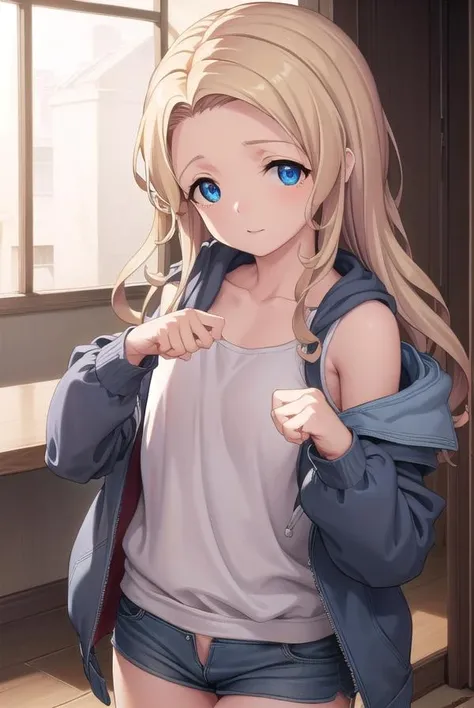 kurisukanan, <lora:kurisukanan-lora-nochekaiser:1>,
kurisu kanan, long hair, forehead, blue eyes, blonde hair,
BREAK long sleeves, collarbone, jacket, open clothes, shorts, hood, open jacket, short shorts, hood down, hooded jacket,
BREAK indoors,
BREAK looking at viewer, (cowboy shot:1.5),
BREAK <lyco:GoodHands-beta2:1>, (masterpiece:1.2), best quality, high resolution, unity 8k wallpaper, (illustration:0.8), (beautiful detailed eyes:1.6), extremely detailed face, perfect lighting, extremely detailed CG, (perfect hands, perfect anatomy),