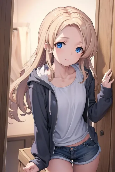 kurisukanan, <lora:kurisukanan-lora-nochekaiser:1>,
kurisu kanan, long hair, forehead, blue eyes, blonde hair,
BREAK long sleeves, collarbone, jacket, open clothes, shorts, hood, open jacket, short shorts, hood down, hooded jacket,
BREAK indoors,
BREAK looking at viewer, (cowboy shot:1.5),
BREAK <lyco:GoodHands-beta2:1>, (masterpiece:1.2), best quality, high resolution, unity 8k wallpaper, (illustration:0.8), (beautiful detailed eyes:1.6), extremely detailed face, perfect lighting, extremely detailed CG, (perfect hands, perfect anatomy),