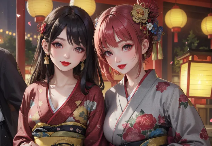 (masterpiece:1.5), (((top quality, best quality, high quality))), ((intricately detailed, ultra-detailed, insanely detailed)), highres, 32K, extremely detailed unity CG 8K wallpaper, (beautiful and aesthetic:1.2),, (depth of field:1.3),
((brilliant full lighting, luscious colors)),  (close up), 
(upper body:1.4),
(2girls:1.4), (mature female, multiple girls:1.5), (geisha:1.4), (side by side:1.5),
BREAK beautiful gorgeous face, [(detailed face:1.2):0.2], bright big eyes, pureerosface_v1, (red lips:1.4), (glossy full lips:1.4), (gentle smile:1.5), (happy:1.5),
BREAK perfect feminine body, bright glistening skin, realistic skin, skin pores, 
BREAK (traditional Japanese costume:1.5), (kimono:1.5, obi:1.5),  (delicate floral embroideries:1.4), (long flowing sleeves:1.4), (detached collar), (fabrication glitters:1.5), (luxury intricate clothing jewelries), (clothing sparkles:1.4), (sparkling particles:1.3), (((crotch seam, sagging front seam))), earrings,  armlets,
BREAK (walking:1.5), (on the street of the red lantern district:1.5), (New Year's Eve:1.5), (firework outside:1.4), (an Edo period Japanese town:1.5), <lora:detail_slider_v4:1.5>, <lora:harem_4:0.85>,