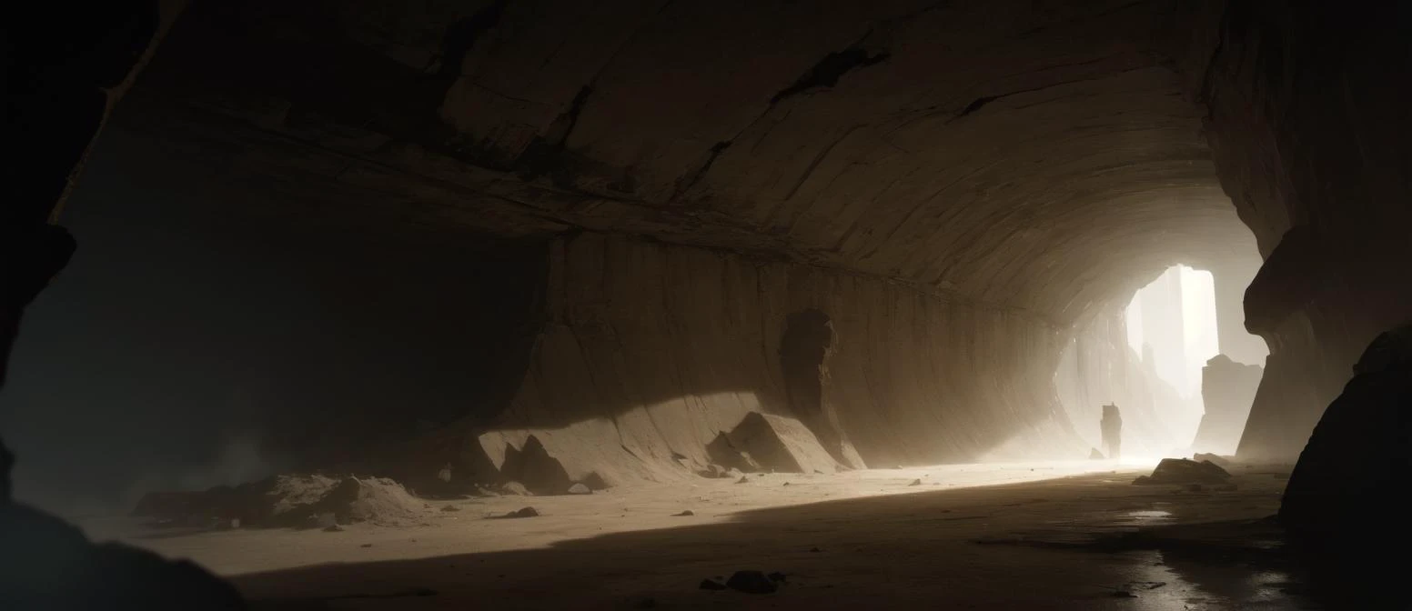 masterpiece, wide shot, a dark cave, empty, dust, dust particles, dusty, damp, dimly lit, scenery, (no humans:1.3), light particles, soft lighting