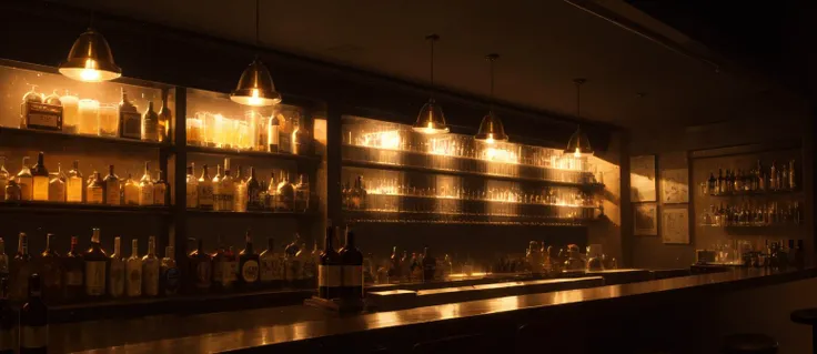 masterpiece, wide shot, bar, mugs of beer, shelves of alcohol, scenery, (no humans:1.3), light particles, soft lighting