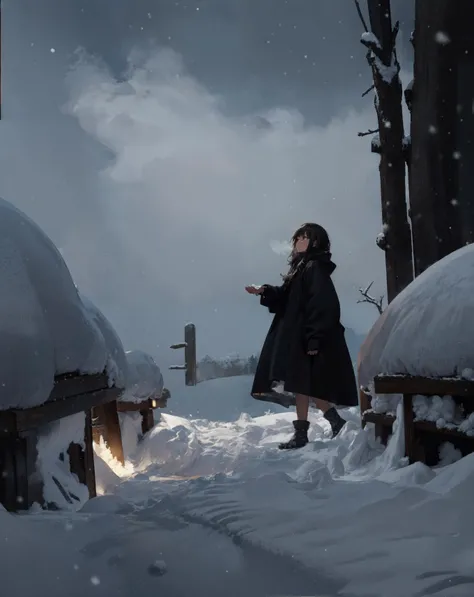 sle,best quality,masterpiece,highres,llustration,letterboxed,artwork,
BREAK
far shot,in distance,1girl,sleeveless,light dress,
BREAK
winter season,snowfall,snowing,footprint in snow,(snow storm:1.4),midnight bliss,snow buildup,forest in the snow,pathway in the snow,night_time,(masterpiece:1.2),(best quality:1.2),(high resolution:1.1),, (intricate detail, detailed background)
