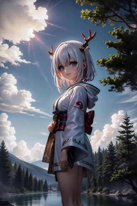 1girl, animal ears, blue eyes, blue sky, bush, cloud, cloudy sky, day, forest, hood, hood down, japanese clothing, lake, long sleeves, looking at viewer, mountain, nature, red obi, outdoors, pine tree, sash, sky, smile, solo, standing, tree, water, white kimono, wide sleeves, silver hair, short hair, (antler:1.5), back lighting, cute, soft clothes, best quality, masterpiece, HDR, UHD, 8K, realistic, professional, highly detailed, ultra-fine painting, physically-based rendering, extreme detail description