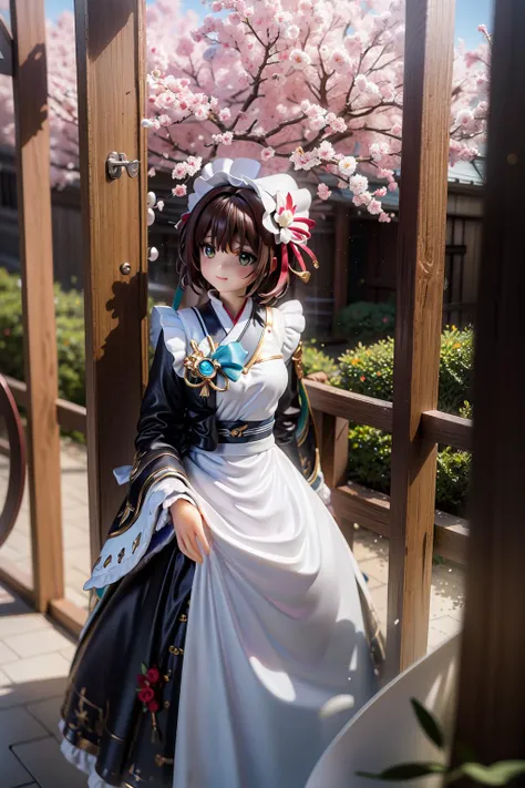 <lora:Cardcaptor_Sakura:0.8> Cardcaptor_Sakura, 1girl, brown hair, day, dress, hair ornament, short hair, long sleeves, looking at viewer, nature, outdoors, solo, standing, tree, wide sleeves, oriental clothing, japanese clothing, white gown, red sleeves, cheery blossom, floral paint, smile, closed mouth, soft cloth, outdoor, japanese architecture, cute