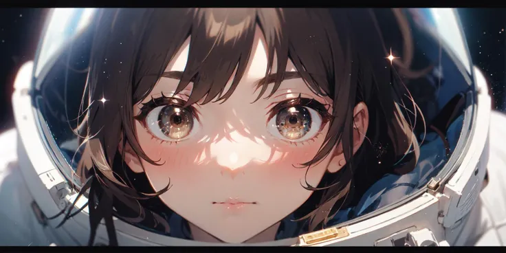 (intricate detail:1.3), (detailed background:1.3), 1girl, solo, looking at viewer, brown eyes, space helmet, reflection, letterboxed, brown hair, blush, spacesuit, helmet, blurry, close-up, bangs, eye focus, artist name, space, astronaut, light particles, portrait, depth of field, blurry background, <lora:LighTV1:0.35>