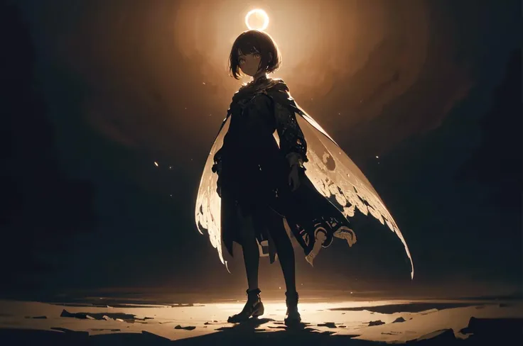 (intricate detail:1.3), 1girl, cute, blush, yellow eyes, solo, standing short hair, bangs, petite, detailed eyes, otherworldly hues, surreal landscapes, unseen light, ethereal glow, vibrant colors, dramatic light, (chiaroscuro:1.3), soft glow, lunar eclipse