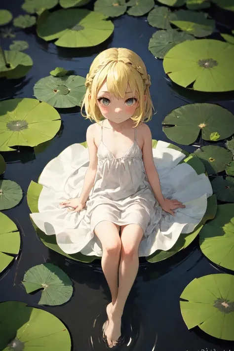 1girl,,flat chest,fairy,blonde hair,medium hair,french braid,white dress,from above,upturned eyes,sitting on a lotus leaf,lotus, feet in the water, ripples