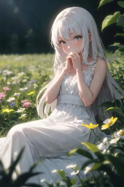 (masterpiece, best quality),1girl with long white hair sitting in a field of green plants and flowers, her hand under her chin, warm lighting, white dress, blurry foreground