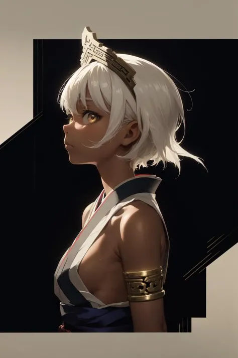 (masterpiece:1.1), (highest quality:1.1), (HDR:1.0), anime wallpaper of a (sensible:1.18) girl, (best colors), (black futuristic metal clothing:0.9), (1girl), (kimono:1.1), (tan skin), (portrait:0.9), (from side), looking at viewer, solo, facing viewer, yellow, (detailed background), (abstract background), (abs:0.8), white eyes, white hair, short hair, headdress, official art, high detail, (promotional:0.9), black, reflective, armlet, (asian aesthetic:1.2), backlighting, (ceative:1.3)