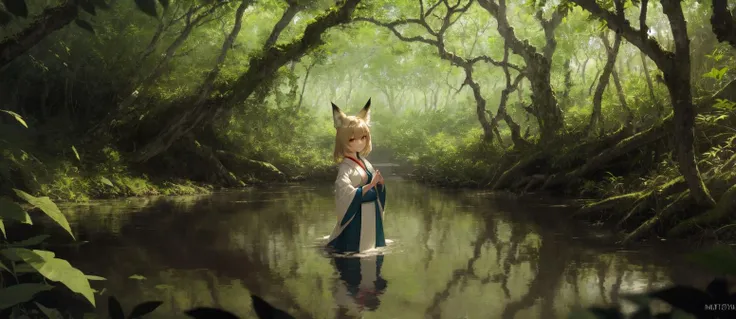 detailed background, 1girl, solo, blonde hair, brown eyes, fox ears, fox girl, hanfu, silk, long sleeves, smile, fang, looking at viewer, BREAK lush mangrove forest, tangled roots, brackish water, diverse wildlife, dappled sunlight, gentle lapping waves, mysterious shadows