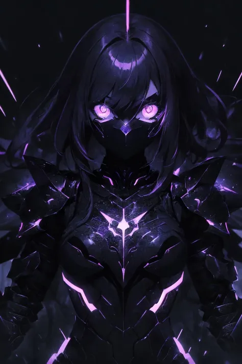 (masterpiece:1.1), (highest quality:1.1), (HDR:1.0), (1girl), purple hair, (armor, metal, powerful, abstract:1.2), (black theme:1.5), detailed eyes, ready eyes, looking at viewer, electric eyes