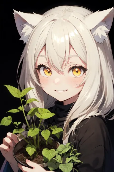 a fluffy anime girl, large animal ears, white hair, blonde hair, [orange|yellow] eyes, animal ear fluff, sprout seedling on head, leaf, smile, happy, upper_teeth, laughter, gradient eyes, original character portrait, game icon, simple background, (black background), pastel colors, poncho