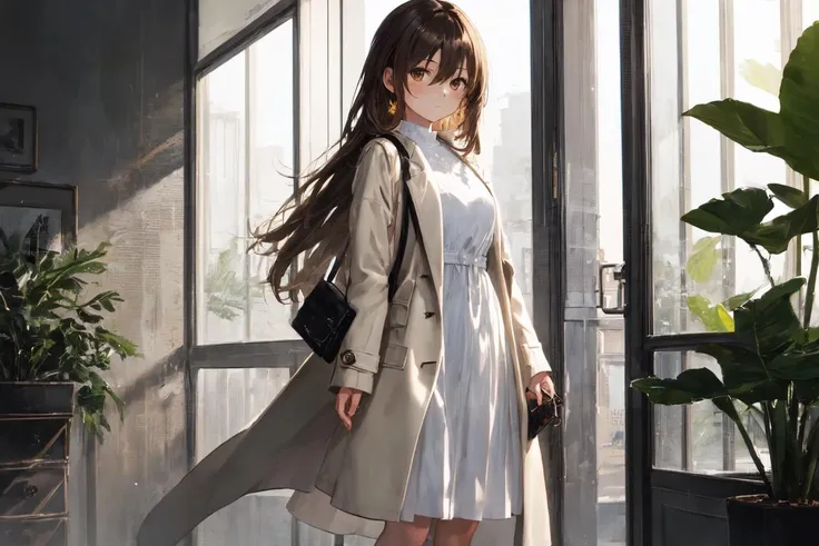 (masterpiece, best quality),long hair, brown hair, plant, looking at viewer, brown eyes, bag, white coat, long sleeves, indoors, holding, bangs, coat, solo focus, dress, standing,, white dress, 1girl, jewelry, earrings, hair between eyes, open clothes