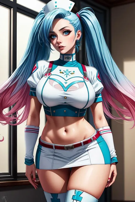 a woman angel goddess tenderness beautiful sexy big breast she is wearing a white shirt top metallic blue stripes shows her navel and forms a blue cross and hair two long pigtails mixed pink with blue and hand she is wearing white gloves nurse Eye blue glitter and underneath she is wearing a white mini skirt and wearing pink belt