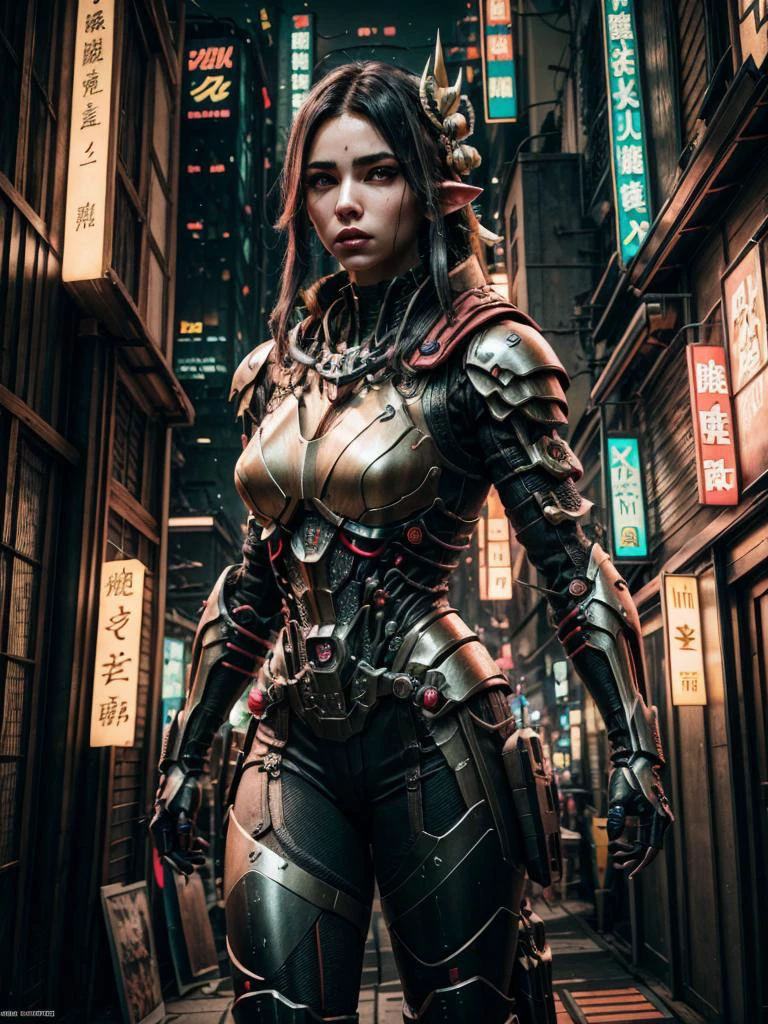 8k UHD, Photo by Nikon camera, masterpiece, (<lora:hinoa:1> hinoa, Miko_clothes), watching viewer, young, female, 8k unreal engine render, tech armor, technological city full of neons, action shot, detailed eyes, very vivid lighting, detailed, (vibrant, photo realistic, realistic, dramatic, dark, sharp focus), <lora:Cyberpunk_style:1> Cyberpunk Style, <lora:add_detail:0.8>, <lora:hotarublurbk_v100:-1>