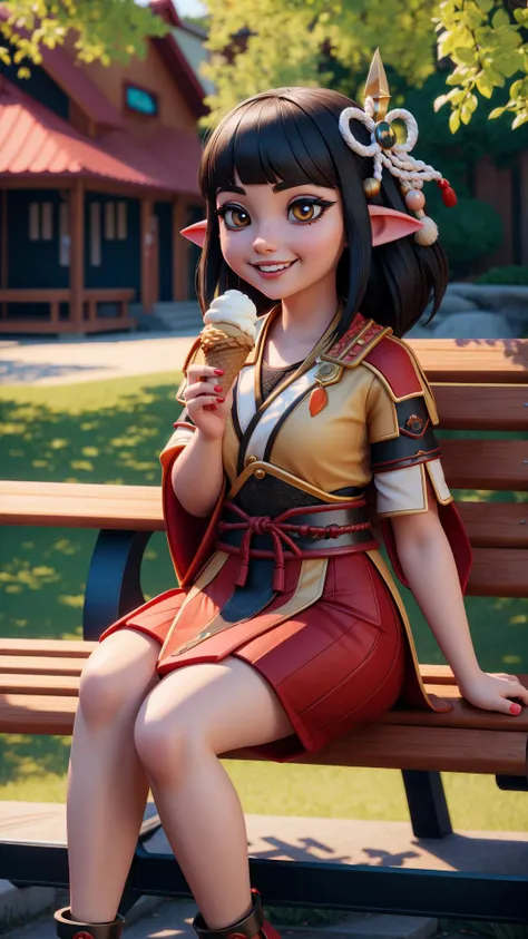 <lora:hinoa-01:0.8> hinoa, Miko clothes, 1girl, (big eyes:1.25), pointy ears, smile, red eyeshadow, (hooves:1.25), BREAK, park bench, eating, ice cream, masterpiece, best quality, extremely detailed, highly quality, 4k, sharp focus, professional, sharp focus, award winning, cinematic lighting, octane render, unreal engine, volumetrics dtx, Wallpaper,