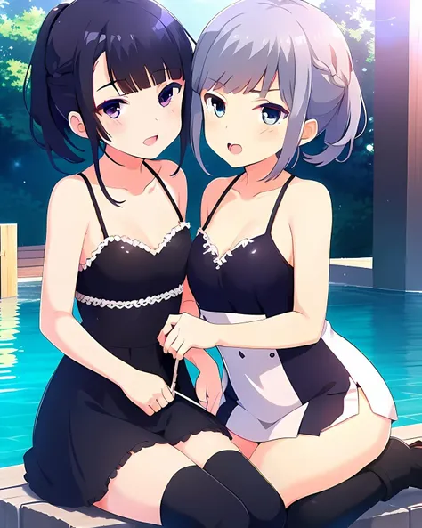 2girls, rinko with green eyes and gray hair ,rikka with purple eyes andblack hair, sexy <lora:GF11-rinko+rikka:0.8> <lora:flat2:0.8>