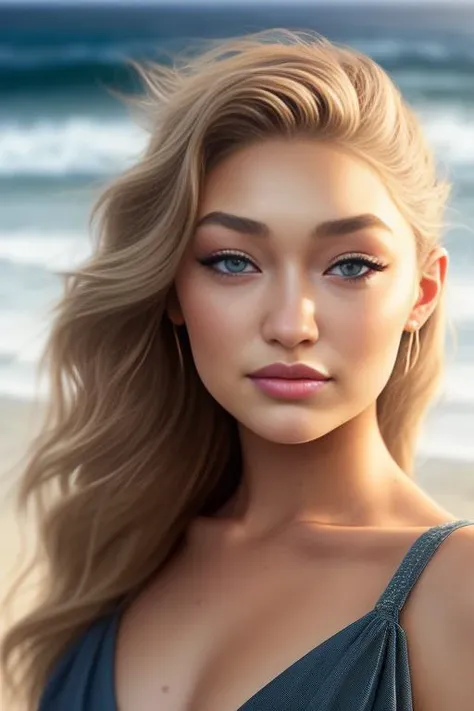 (sharp focus:1.2), photo, attractive young GigiHadid, (beautiful face:1.1), detailed eyes, luscious lips, (cat eye makeup:0.85), (smile:1.2),  wearing (romper:1.2) on a (beach:1.2). depth of field, bokeh, 4K, HDR. by (James C. Christensen:1.2|Jeremy Lipking:1.1).<lora:GigiHadid:0.9>