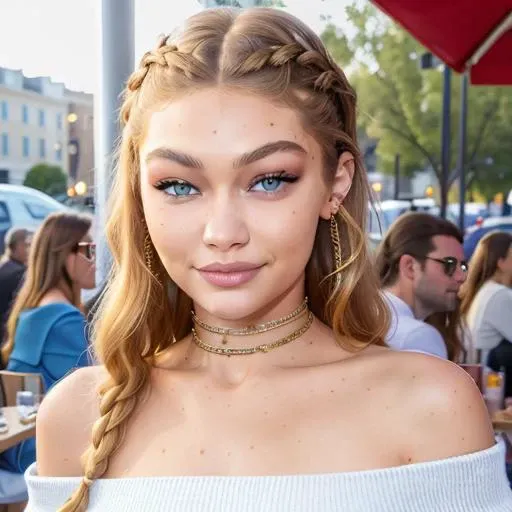 piercing eyes, looking straight, a 20 year old cute GigiHadid, very happy,long braided hair, wearing an off-shoulder sweater, choker, closeup portrait, in a outdoor cafe in 2015, afternoon light, <lora:GigiHadid:0.6>