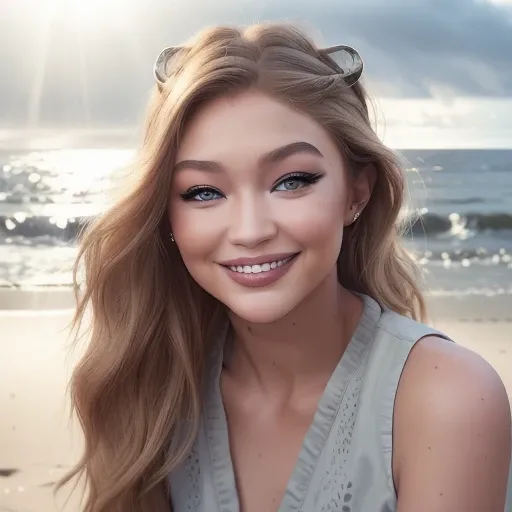 (sharp focus:1.2), photo, attractive youngGigiHadid, (beautiful face:1.1), detailed eyes, luscious lips, (cat eye makeup:0.85), (big smile:1.2), wearing (romper:1.2) on a (beach:1.2). (moody lighting:1.2), depth of field, bokeh, 4K, HDR. by (James C. Christensen:1.2|Jeremy Lipking:1.1).<lora:GigiHadid:0.6>