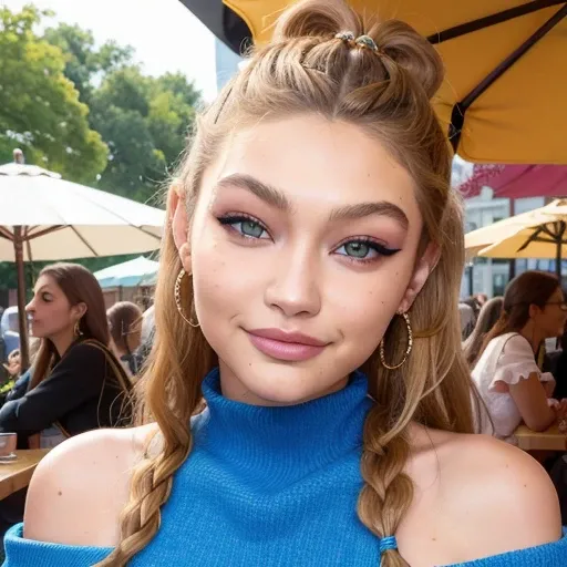 piercing eyes, looking straight, a 20 year old cute GigiHadid, very happy,long braided hair, wearing an off-shoulder sweater, choker, closeup portrait, in a outdoor cafe in 2015, afternoon light, <lora:GigiHadid:0.6>