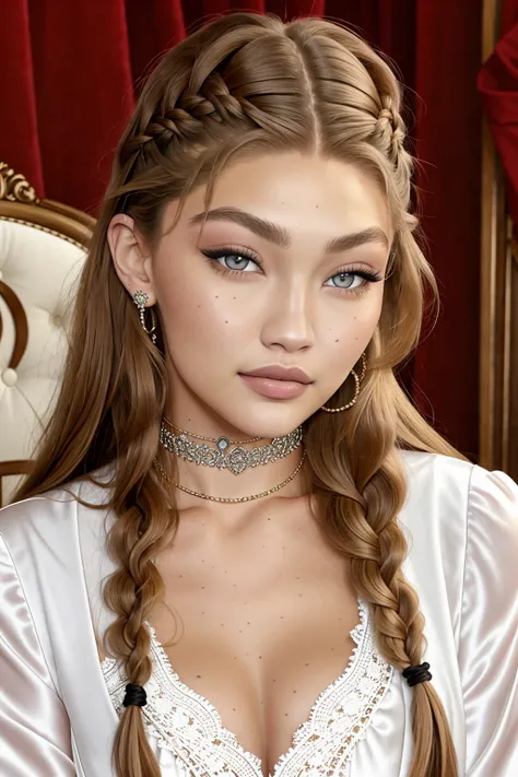 piercing eyes, looking straight, a 20 year old cute GigiHadid, very happy,long braided hair, wearing an china dress, choker, closeup portrait, in a room, afternoon light,<lora:epiNoiseoffset_v2Pynoise:1>