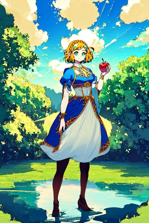 (masterpiece:1.2), (best quality:1.15), anime style, (perfect proportions, perfect anatomy, perfect hands:1.2), perfect face, perfect eyes, green eyes, hyper-detailed eyes, perfect face, closed-mouth smile, elf ears, (one girl only:1.2), (full body in view, full body, centered body:1.4), princess zelda, short hair, yellow hair, braid, breast, jewelery, blue clothing, (short sleeves:1.3), (hyper-detailed hair, hyper-detailed clothing:1.2), standing up, standing in water, boots half submerged in water, (holding an apple:1.3), lush vegetation, flowers, trees, sky, clouds, natural landscapes, (hyper-detailed background, hyper-detailed greenery, hyper-detailed sky, hyper-detailed water, hyper-detailed clouds, hyper-detailed river:1.3), windy, (hyper-detailed shadows, hyper-detailed shading, hyper-detailed lighting:1.4), perfect strokes, hard strokes, (masterpiece:1.2), (best quality:1.15), anime style, perfect face, perfect eyes, green eyes, hyper-detailed eyes, perfect face, elf ears, (one girl only:1.2), (full body in view, full body, centered body:1.4), princess zelda, short hair, yellow hair, braid, breast, jewelery, blue clothing, standing up, standing in water, lush vegetation, flowers, trees, sky, clouds, (hyper-detailed background, hyper-detailed greenery, hyper-detailed sky, hyper-detailed water, hyper-detailed clouds, hyper-detailed river:1.3), (perfect shadows, perfect shading, perfect lighting:1.3)