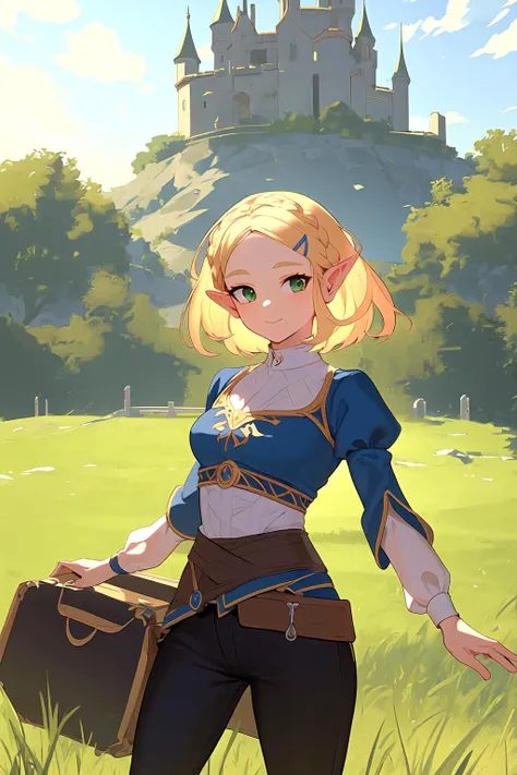 masterpiece, best quality, perfect details,
princess zelda, 1girl, elf ears, green eyes, blond hair, short hair, frills,
castle, grass, cowboy shot,
looking at viewer,
<lora:princess_zelda:0.7>