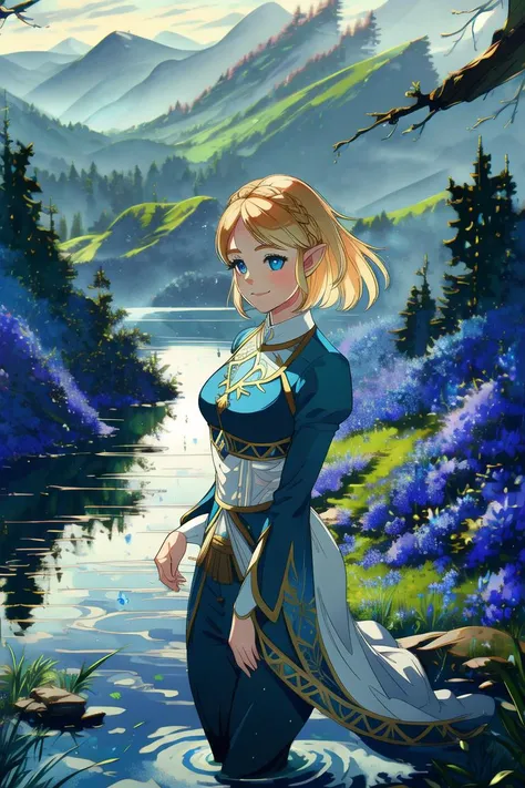 princess zelda, plain forest background, masterpiece, solo, best quality, beautiful eyes, blue_eyes, blonde_hair, smile, medium_breasts, bangs,  looking at viewer, smile, closed mouth, water drops, Ultra detailed fantasy environment, [mountains:forest:0.3], hyper realism, 8k, clearly worked out detail, intricate, cinematic,  masterpiece, 1girl,  <lora:princess_zelda:1>