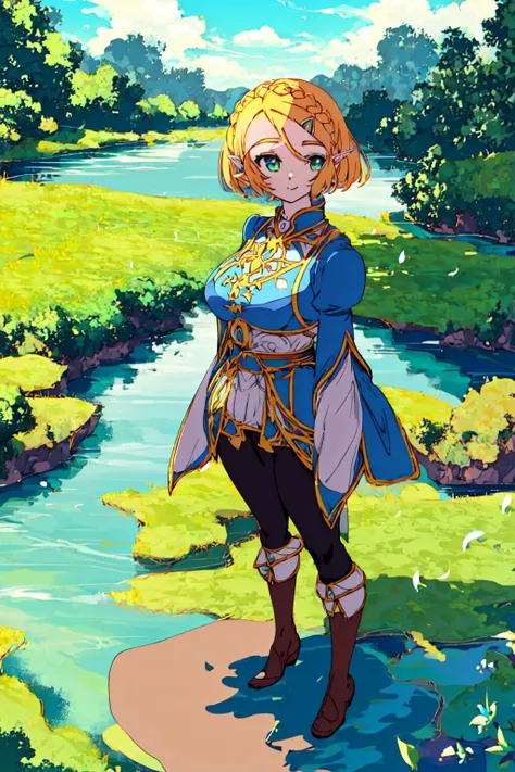 (masterpiece:1.2), (best quality:1.15), anime style,  perfect face, perfect eyes, green eyes, hyper-detailed eyes, perfect face, closed-mouth smile, elf ears, (one girl only:1.2), (full body in view, full body, centered body:1.4), princess zelda, short hair, yellow hair, braid, breast, jewelery, blue clothing, (hyper-detailed hair, hyper-detailed clothing:1.2), standing up, standing in water, boots half submerged in water, lush vegetation, flowers, trees, sky, clouds, natural landscapes, (hyper-detailed background, hyper-detailed greenery, hyper-detailed sky, hyper-detailed water, hyper-detailed clouds, hyper-detailed river:1.3), windy, (hyper-detailed shadows, hyper-detailed shading, hyper-detailed lighting:1.4), perfect strokes, hard strokes, (masterpiece:1.2), (best quality:1.15), anime style,  perfect face, perfect eyes, green eyes, hyper-detailed eyes, perfect face, elf ears, (one girl only:1.2), (full body in view, full body, centered body:1.4), princess zelda, short hair, yellow hair, braid, breast, jewelery, blue clothing, standing up, standing in water, lush vegetation, flowers, trees, sky, clouds, (hyper-detailed background, hyper-detailed greenery, hyper-detailed sky, hyper-detailed water, hyper-detailed clouds, hyper-detailed river:1.3), (perfect shadows, perfect shading, perfect lighting:1.3)