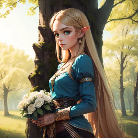 princess zelda, 1girl, bangs, blonde hair, breasts, bridal gauntlets, closed mouth, expressionless, from side, green eyes, highres, jewelry, long hair, long sleeves, nintendo, outdoors, own hands together, pointy ears, ring, small breasts, solo, standing, the legend of zelda, tree, triforce print, upper body, blue shirt and black pants <lora:princess_zelda:0.5>