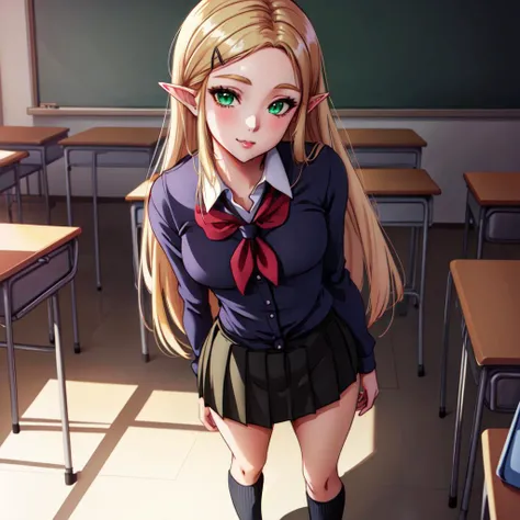 anime style, Drawing, absurd、Ideal Anatomy、Olivier Mira Armstrong、the bra is very、Bra visible from clothes、Bralin、breast、Classroom、neckline on the chest、clavicle、Desktop、Above、Small breasts, hair length, on Desktop, pleated skirt, school desk, student clothing, look through, shirt, sitting on, Sitting on a Desktop, skirt by, One, hips hips hips hips, red blush, smile, elf, showing panties under dress, Small